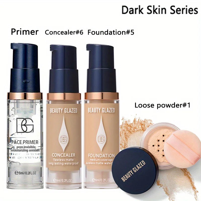 BEAUTY GLAZED Kit Maquillage Voyage 4 Pièces - Primer Anticerne Fond de Teint Poudre