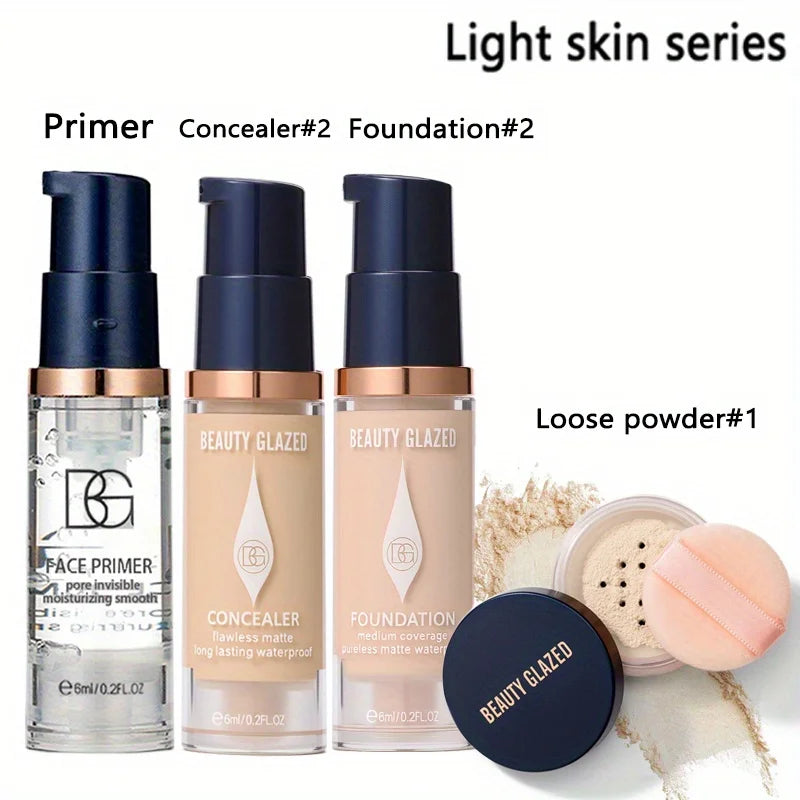 BEAUTY GLAZED Kit Maquillage Voyage 4 Pièces - Primer Anticerne Fond de Teint Poudre