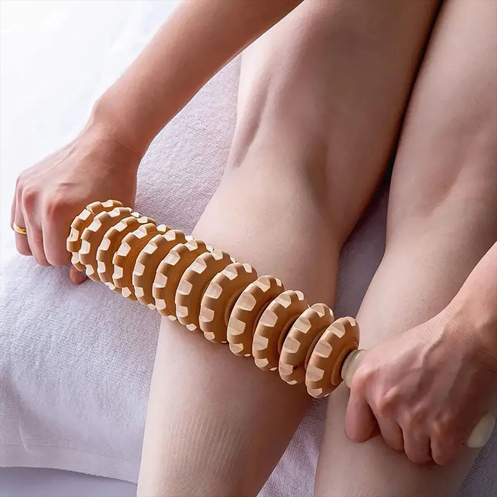 Rouleau de Massage Fascia en Bois - 9 Boules Rotatives pour Corps Entier
