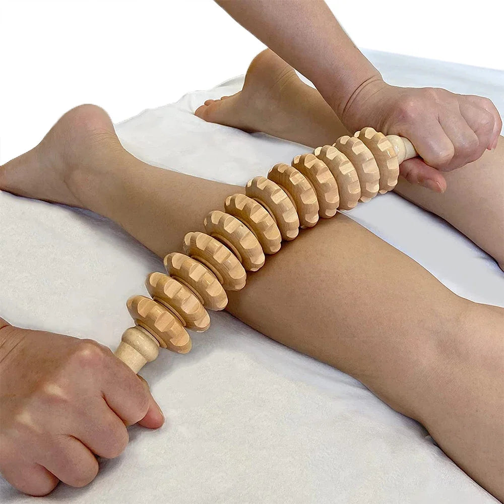 Rouleau de Massage Fascia en Bois - 9 Boules Rotatives pour Corps Entier