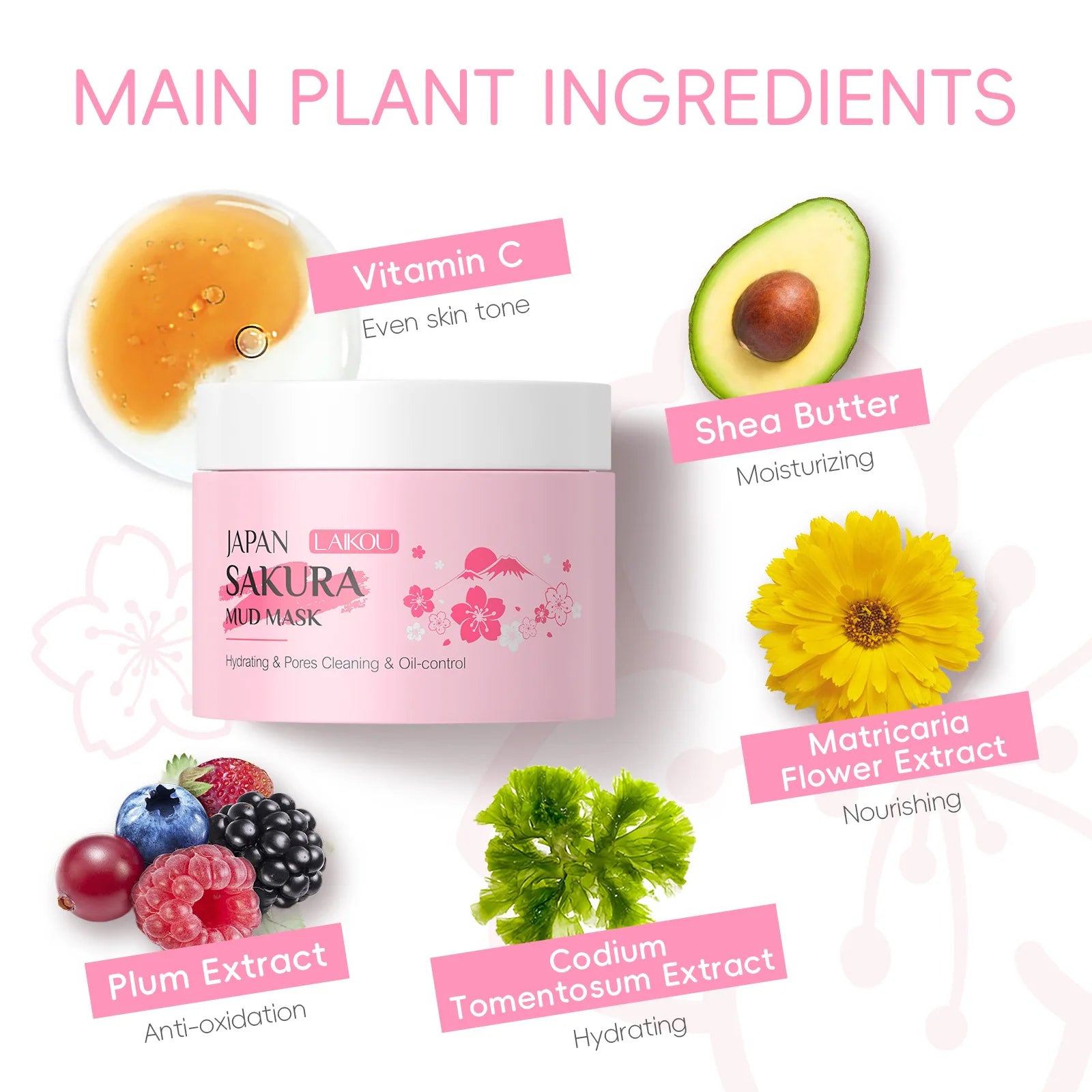 LAIKOU Masque Visage Sakura - Nettoyant Points Noirs Contrôle Sébum
