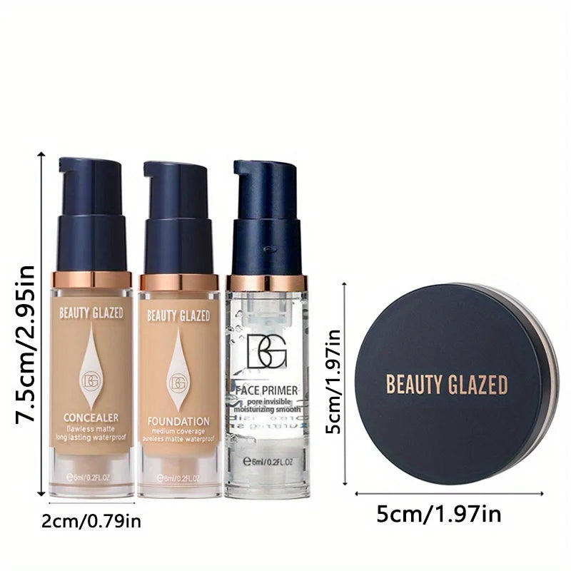 BEAUTY GLAZED Kit Maquillage Voyage 4 Pièces - Primer Anticerne Fond de Teint Poudre