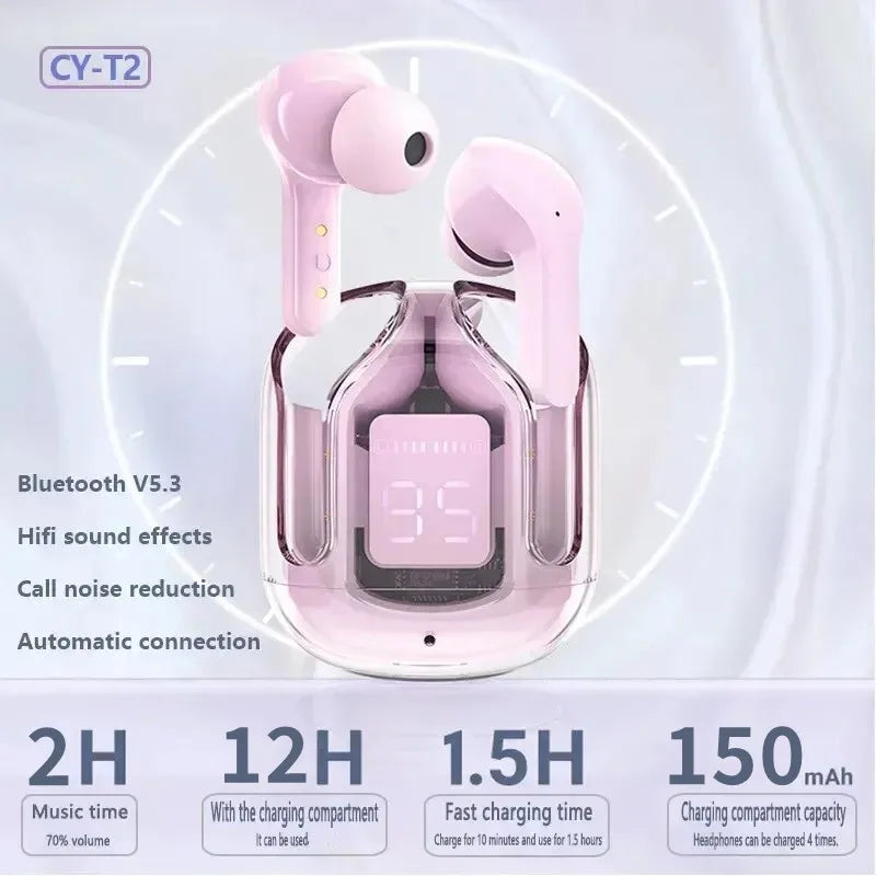 Écouteurs Bluetooth T2 Transparents – Son HiFi, Affichage LED, Compatible Xiaomi