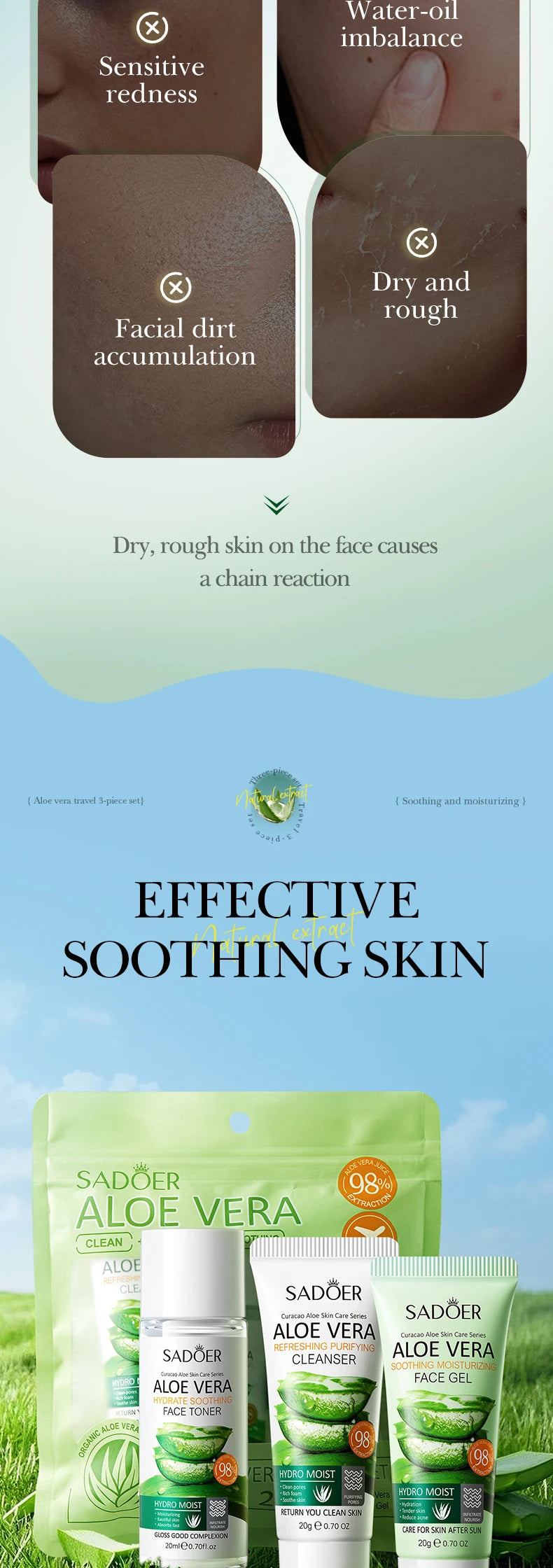 Kit Complet Soin du Visage à l'Aloe Vera - Nettoyant, Hydratant et Raffermissant