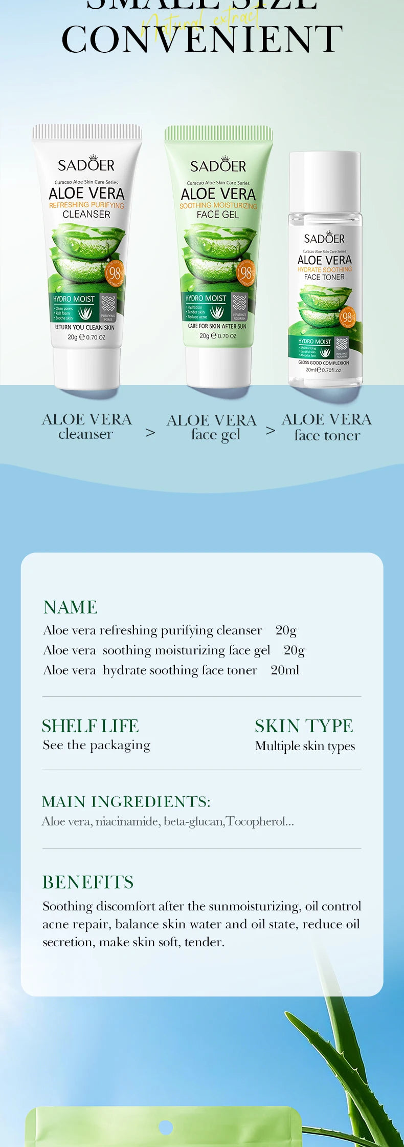 Kit Complet Soin du Visage à l'Aloe Vera - Nettoyant, Hydratant et Raffermissant