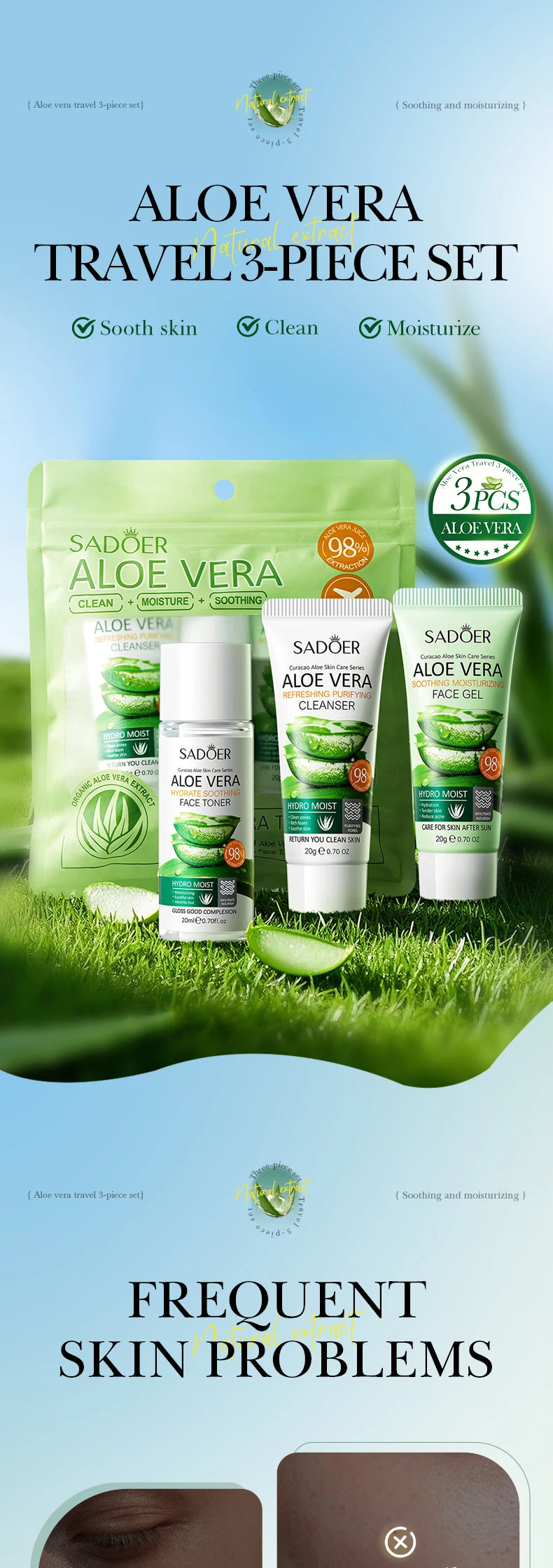 Kit Complet Soin du Visage à l'Aloe Vera - Nettoyant, Hydratant et Raffermissant