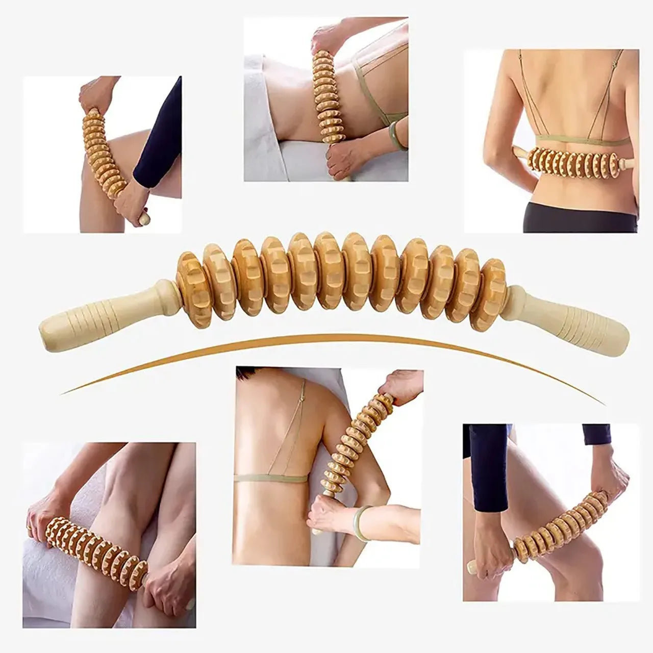 Rouleau de Massage Fascia en Bois - 9 Boules Rotatives pour Corps Entier