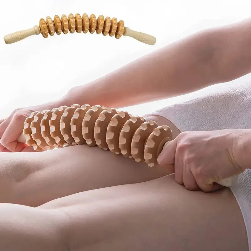 Rouleau de Massage Fascia en Bois - 9 Boules Rotatives pour Corps Entier