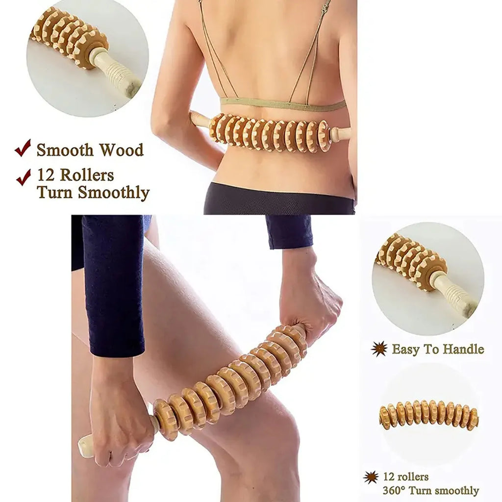Rouleau de Massage Fascia en Bois - 9 Boules Rotatives pour Corps Entier