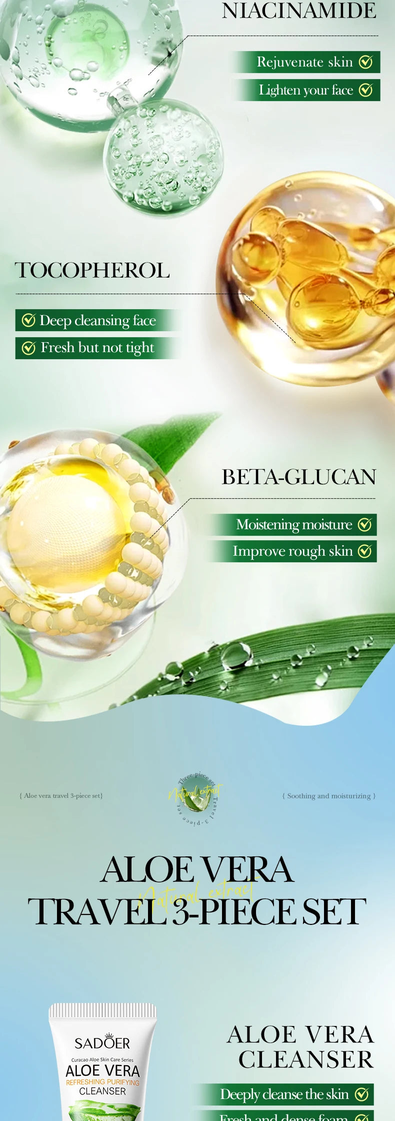 Kit Complet Soin du Visage à l'Aloe Vera - Nettoyant, Hydratant et Raffermissant