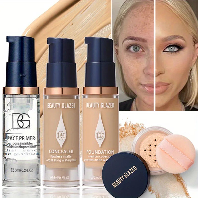 BEAUTY GLAZED Kit Maquillage Voyage 4 Pièces - Primer Anticerne Fond de Teint Poudre