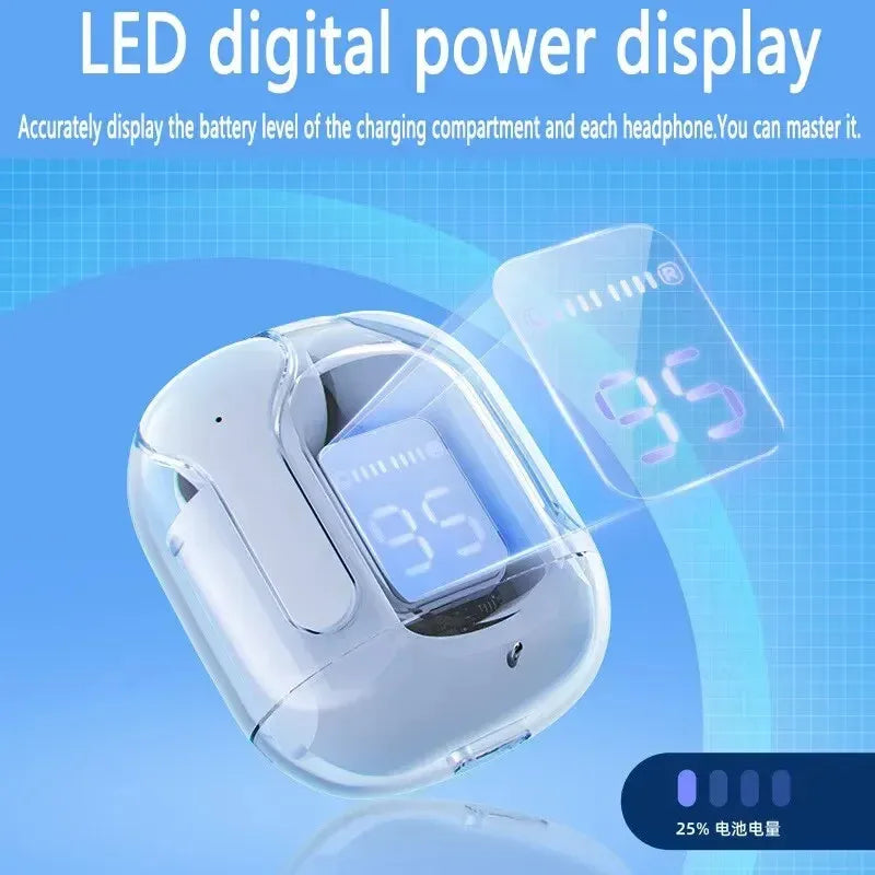 Écouteurs Bluetooth T2 Transparents – Son HiFi, Affichage LED, Compatible Xiaomi