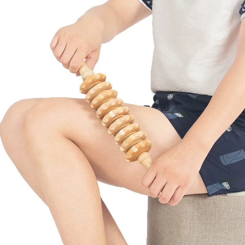 Rouleau de Massage Fascia en Bois - 9 Boules Rotatives pour Corps Entier